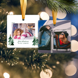 Eerste Kerstmis in Camper RV Rustic Trees Foto Keramisch Ornament