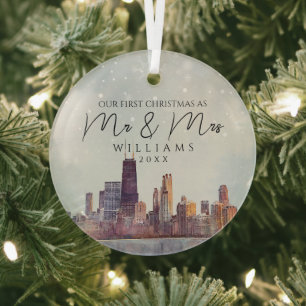 Eerste kerstmis in Chicago als meneer en mevrouw b Glas Ornament