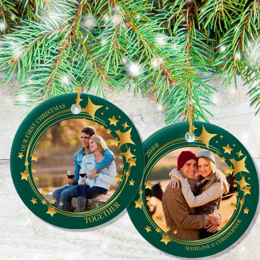 Eerste Kerstmis in combinatie met twee foto Gold S Keramisch Ornament