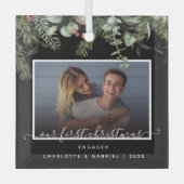 Eerste Kerstmis in Engaged Greenery Foto Glas Ornament (Voorkant)