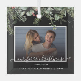 Eerste Kerstmis in Engaged Greenery Foto Glas Ornament