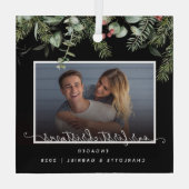 Eerste Kerstmis in Engaged Greenery Foto Glas Ornament (Achterkant)
