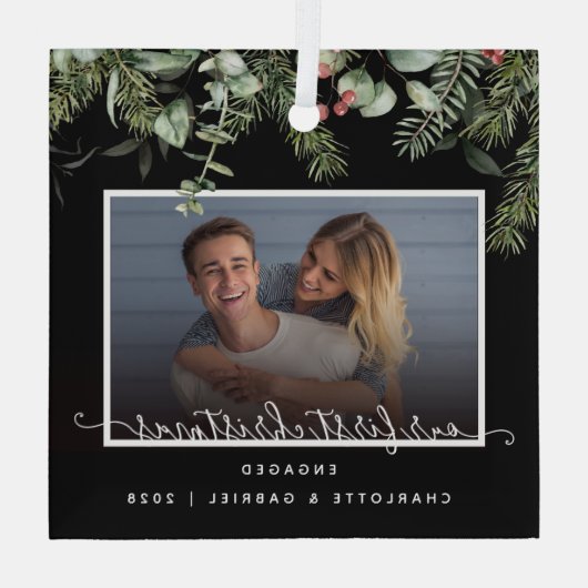 Eerste Kerstmis in Engaged Greenery Foto Glas Ornament (Achterkant)