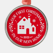 Eerste Kerstmis in New Home Persoonlijk Rood Metalen Ornament (Voorkant)