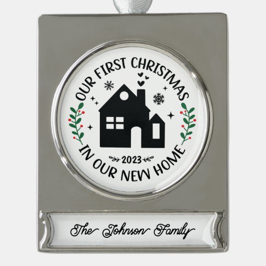 Eerste Kerstmis in New Home Persoonlijk Verzilverd Banner Ornament (Voorkant)