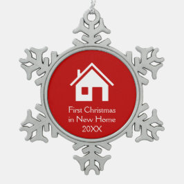 Eerste Kerstmis in New Home | Rode achtergrond Tin Sneeuwvlok Ornament
