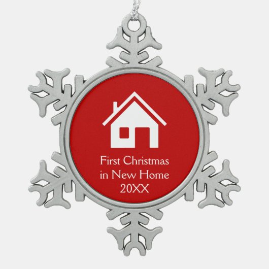 Eerste Kerstmis in New Home | Rode achtergrond Tin Sneeuwvlok Ornament (Voorkant)