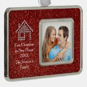 Eerste Kerstmis in New Home | Rode glitter | Foto Verzilverd Omlijst Ornament (Rechts)