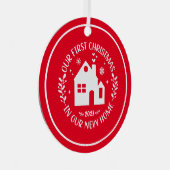 Eerste Kerstmis in Nieuw Huis Rode Kerstmis Metalen Ornament (Voorkant Rechts)