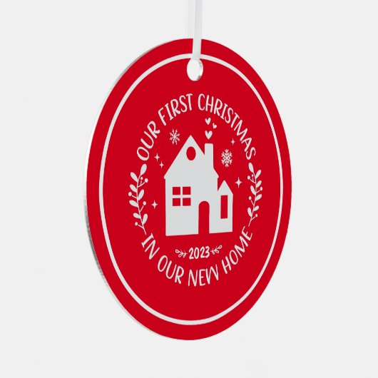 Eerste Kerstmis in Nieuw Huis Rode Kerstmis Metalen Ornament (Voorkant Rechts)