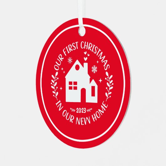 Eerste Kerstmis in Nieuw Huis Rode Kerstmis Metalen Ornament (Voorkant links)