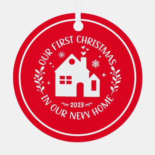 Eerste Kerstmis in Nieuw Huis Rode Kerstmis Metalen Ornament (Achterkant)