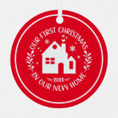 Eerste Kerstmis in Nieuw Huis Rode Kerstmis Metalen Ornament (Voorkant)