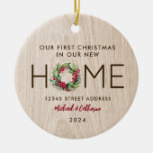 Eerste Kerstmis in Nieuw Huis Rustiek Faux Wood - Keramisch Ornament (Voorkant)