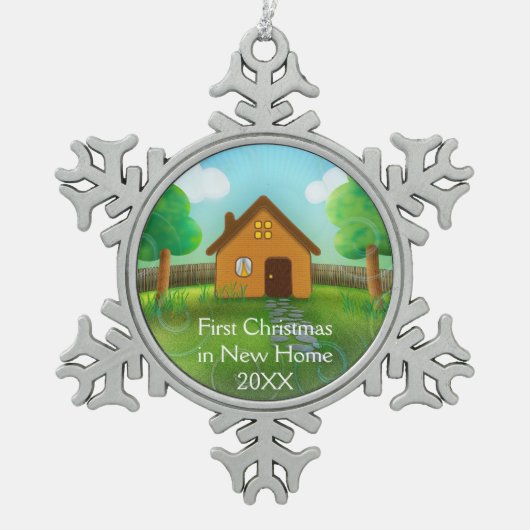 Eerste Kerstmis in nieuw huis Tin Sneeuwvlok Ornament (Voorkant)