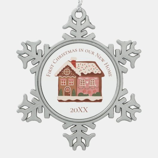 Eerste Kerstmis in ons New Home Gingerbrood House Tin Sneeuwvlok Ornament (Voorkant)