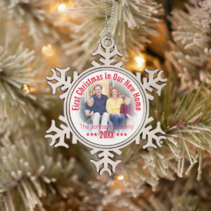 Eerste Kerstmis in ons nieuwe huis Gepersonalise Tin Sneeuwvlok Ornament