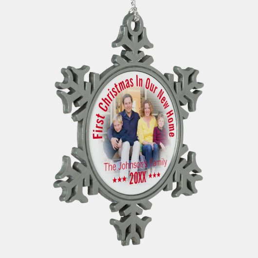 Eerste Kerstmis in ons nieuwe huis | Gepersonalise Tin Sneeuwvlok Ornament (Links)