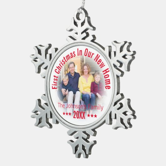Eerste Kerstmis in ons nieuwe huis | Gepersonalise Tin Sneeuwvlok Ornament (Rechts)