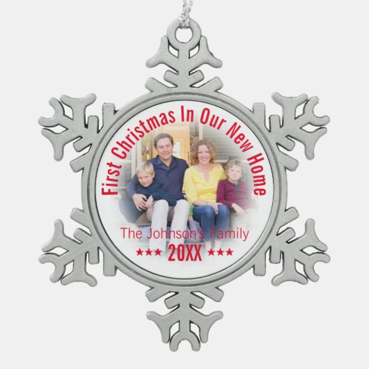 Eerste Kerstmis in ons nieuwe huis | Gepersonalise Tin Sneeuwvlok Ornament (Voorkant)