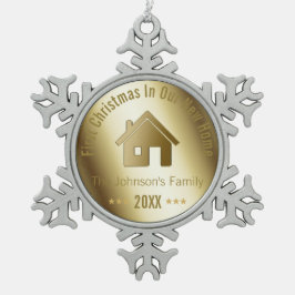 Eerste Kerstmis in ons nieuwe huis | Golden Tin Sneeuwvlok Ornament