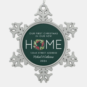 Eerste Kerstmis in ons nieuwe huis Green Wreath Tin Sneeuwvlok Ornament