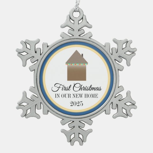 Eerste Kerstmis in ons nieuwe huis Tin Sneeuwvlok Ornament (Voorkant)