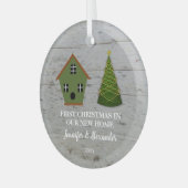 Eerste Kerstmis in ons nieuwe thuishoutkapje Glas Ornament (Voorkant links)