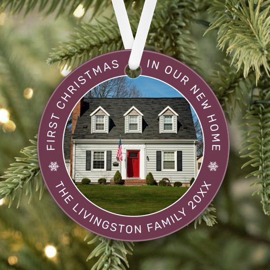 Eerste Kerstmis in onze New Home Burgundy Foto Ornament