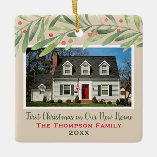 Eerste Kerstmis in onze New Home Greenerfoto Keramisch Ornament (Voorkant)