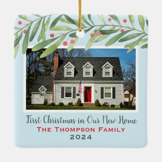 Eerste Kerstmis in onze New Home Greenerfoto Keramisch Ornament (Achterkant)