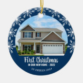 Eerste Kerstmis in onze New Home Photo Blue Keramisch Ornament (Voorkant)