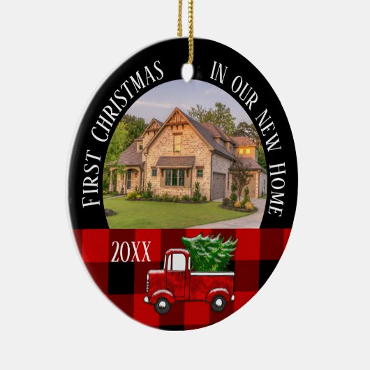 Eerste Kerstmis in onze New Home Red Truck Foto Keramisch Ornament (Rechts)