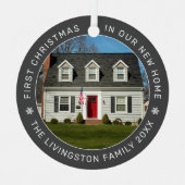 Eerste Kerstmis in onze nieuwe, aangepaste homefoo Metalen Ornament (Voorkant)