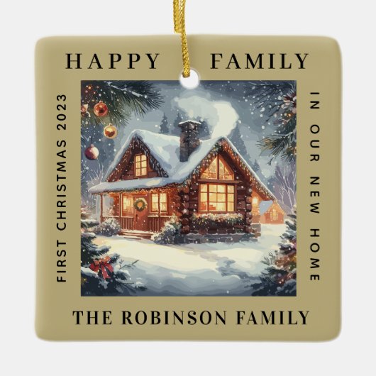 Eerste Kerstmis in onze nieuwe huis bos zand Ecru Keramisch Ornament (Voorkant)