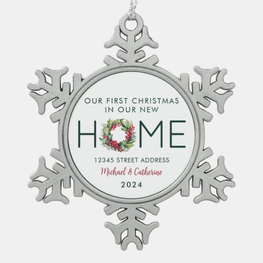 Eerste Kerstmis in onze Nieuwe Huis Waterverf Kran Tin Sneeuwvlok Ornament (Voorkant)