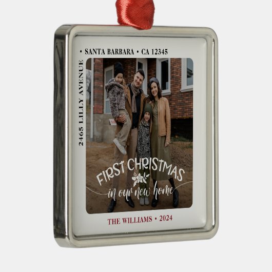 Eerste Kerstmis in onze nieuwe thuisfoto Metalen Ornament (Rechts)