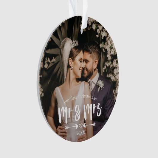 Eerste Kerstmis in penseelscript, Mr Mrs. Foto Ornament (voorkant)
