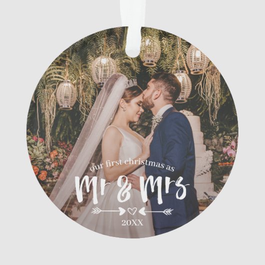 Eerste Kerstmis in penseelscript, Mr Mrs. Foto Ornament (achterkant)