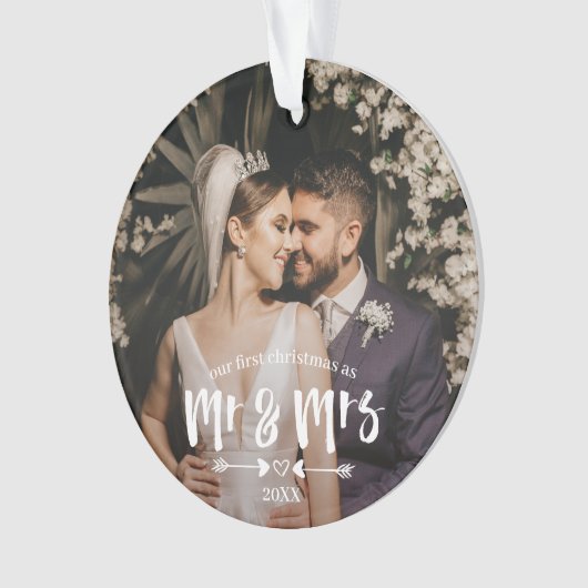 Eerste Kerstmis in penseelscript, Mr Mrs. Foto Ornament (voorkant)