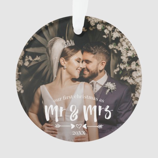 Eerste Kerstmis in penseelscript, Mr Mrs. Foto Ornament (voorkant)