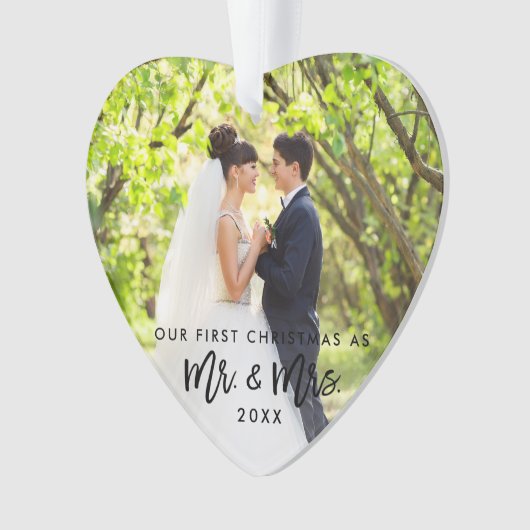 Eerste Kerstmis in penseelscript, Mr. & Mrs Foto Ornament (voorkant)