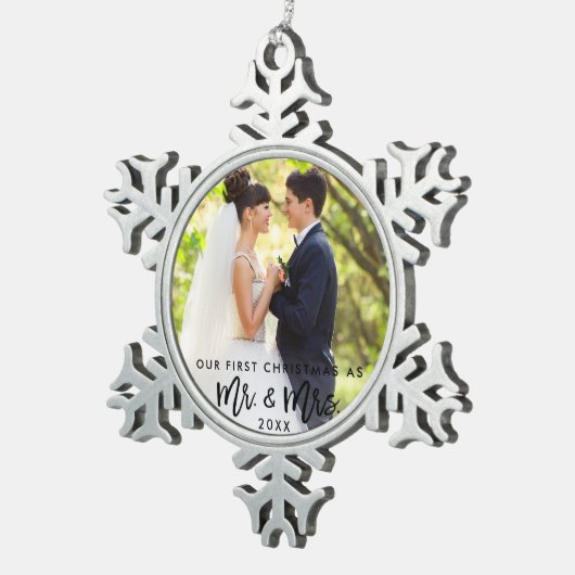 Eerste Kerstmis in penseelscript, Mr. & Mrs Weddin Tin Sneeuwvlok Ornament (Rechts)