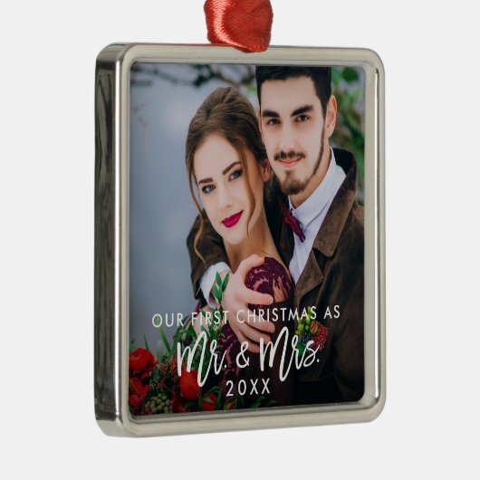 Eerste Kerstmis in penseelscript & Mrs Wedding Sq Metalen Ornament (Rechts)