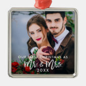 Eerste Kerstmis in penseelscript & Mrs Wedding Sq Metalen Ornament (Voorkant)