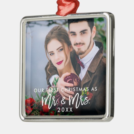 Eerste Kerstmis in penseelscript & Mrs Wedding Sq Metalen Ornament (Links)
