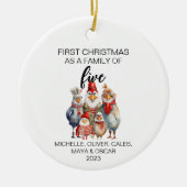 Eerste Kerstmis Kip Familie van Vijf Keramisch Ornament (Voorkant)