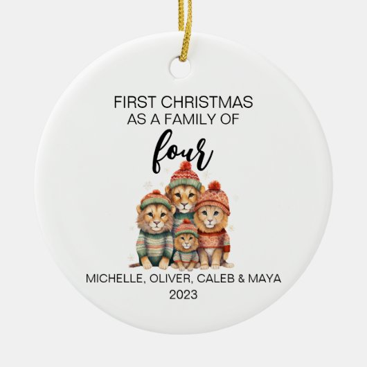 Eerste Kerstmis Leeuw Familie van Vier Keramisch Ornament (Voorkant)