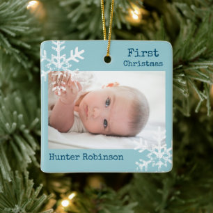 Eerste Kerstmis Lichte Blauwe Zeemacht Foto Snowfl Keramisch Ornament