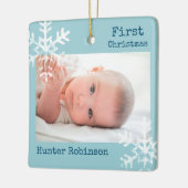 Eerste Kerstmis Lichte Blauwe Zeemacht Foto Snowfl Keramisch Ornament (Links)
